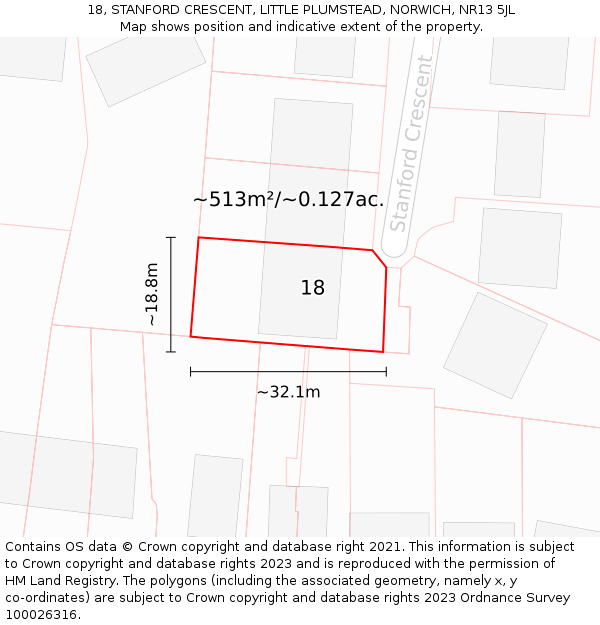 18, STANFORD CRESCENT, LITTLE PLUMSTEAD, NORWICH, NR13 5JL: Plot and title map