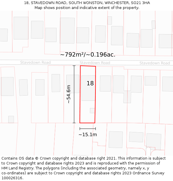 18, STAVEDOWN ROAD, SOUTH WONSTON, WINCHESTER, SO21 3HA: Plot and title map