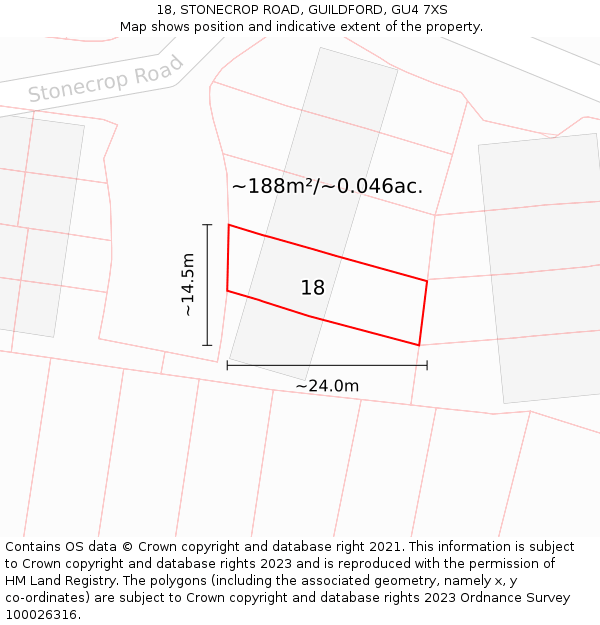 18, STONECROP ROAD, GUILDFORD, GU4 7XS: Plot and title map