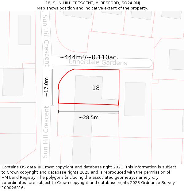 18, SUN HILL CRESCENT, ALRESFORD, SO24 9NJ: Plot and title map