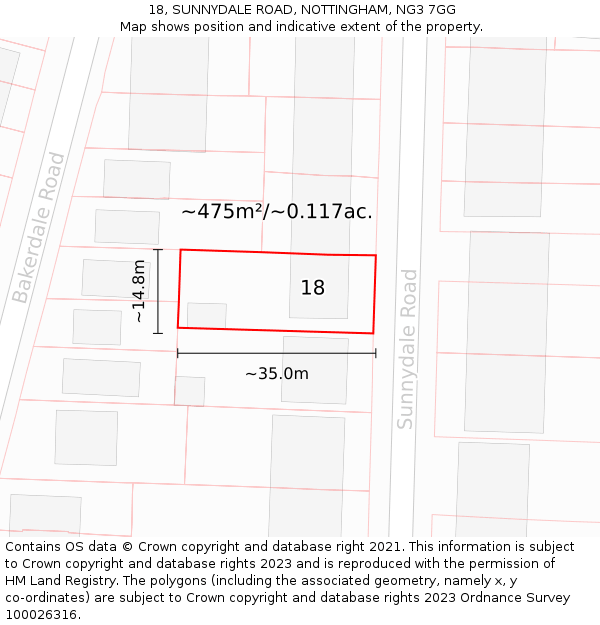 18, SUNNYDALE ROAD, NOTTINGHAM, NG3 7GG: Plot and title map