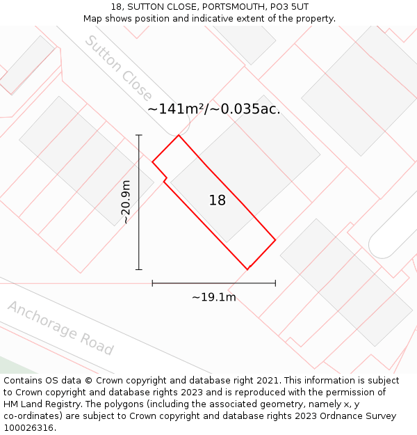 18, SUTTON CLOSE, PORTSMOUTH, PO3 5UT: Plot and title map