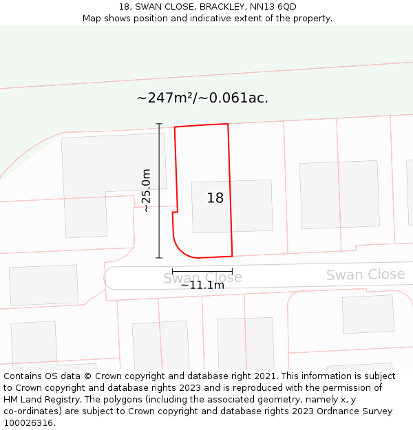 18, SWAN CLOSE, BRACKLEY, NN13 6QD: Plot and title map