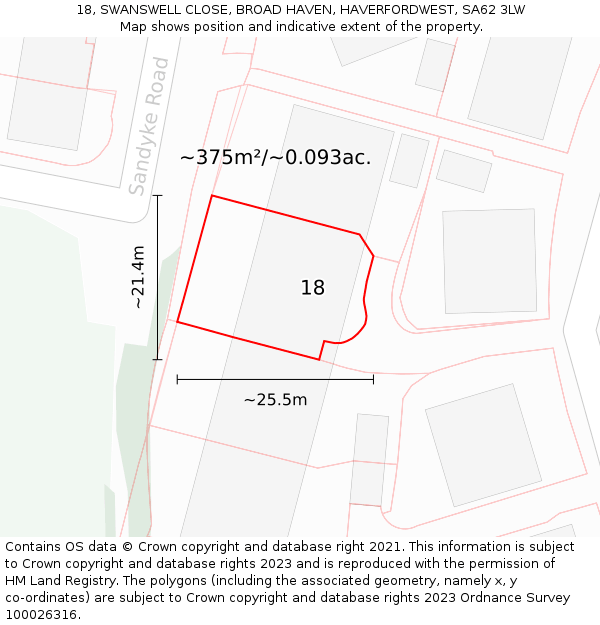 18, SWANSWELL CLOSE, BROAD HAVEN, HAVERFORDWEST, SA62 3LW: Plot and title map