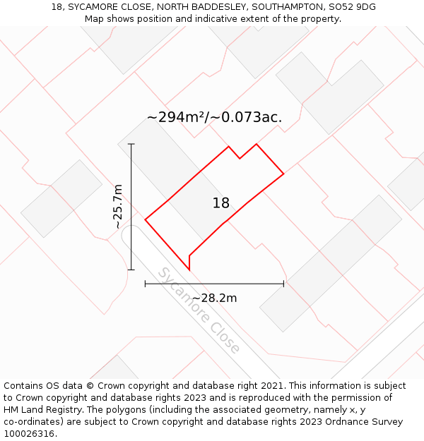 18, SYCAMORE CLOSE, NORTH BADDESLEY, SOUTHAMPTON, SO52 9DG: Plot and title map