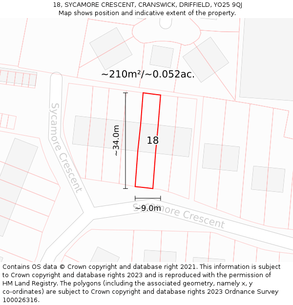 18, SYCAMORE CRESCENT, CRANSWICK, DRIFFIELD, YO25 9QJ: Plot and title map