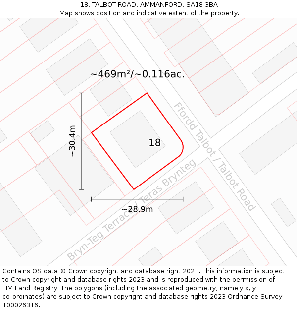 18, TALBOT ROAD, AMMANFORD, SA18 3BA: Plot and title map