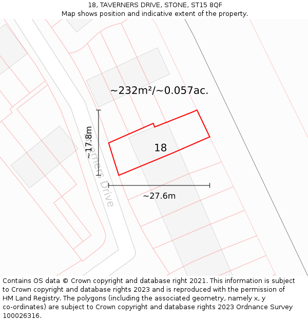 18, TAVERNERS DRIVE, STONE, ST15 8QF: Plot and title map