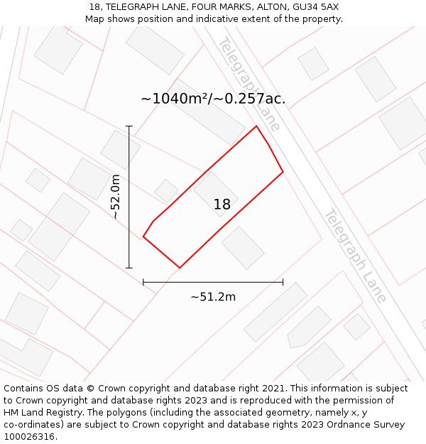 18, TELEGRAPH LANE, FOUR MARKS, ALTON, GU34 5AX: Plot and title map