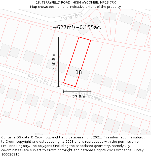 18, TERRYFIELD ROAD, HIGH WYCOMBE, HP13 7RX: Plot and title map