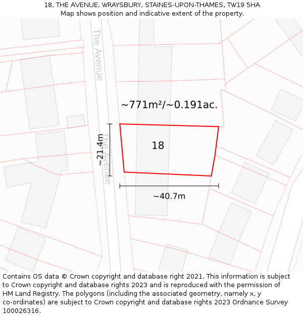 18, THE AVENUE, WRAYSBURY, STAINES-UPON-THAMES, TW19 5HA: Plot and title map