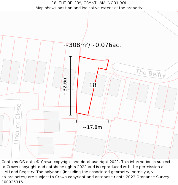 18, THE BELFRY, GRANTHAM, NG31 9QL: Plot and title map