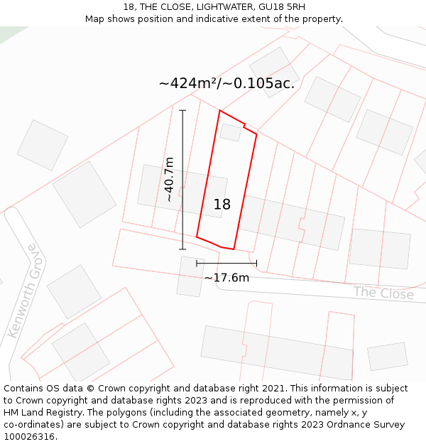 18, THE CLOSE, LIGHTWATER, GU18 5RH: Plot and title map