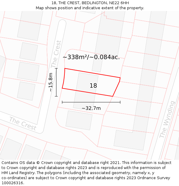 18, THE CREST, BEDLINGTON, NE22 6HH: Plot and title map