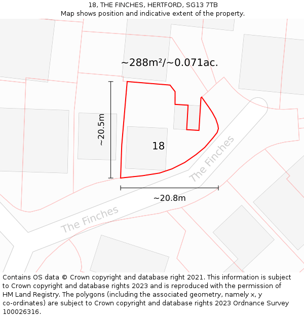 18, THE FINCHES, HERTFORD, SG13 7TB: Plot and title map