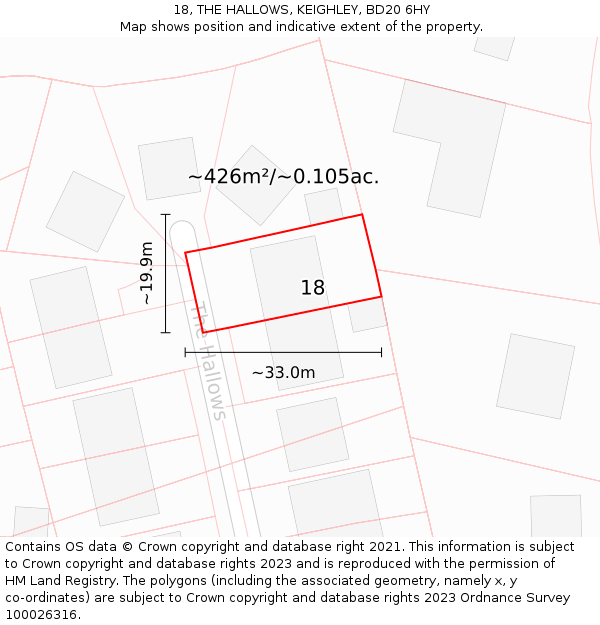 18, THE HALLOWS, KEIGHLEY, BD20 6HY: Plot and title map