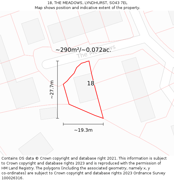 18, THE MEADOWS, LYNDHURST, SO43 7EL: Plot and title map