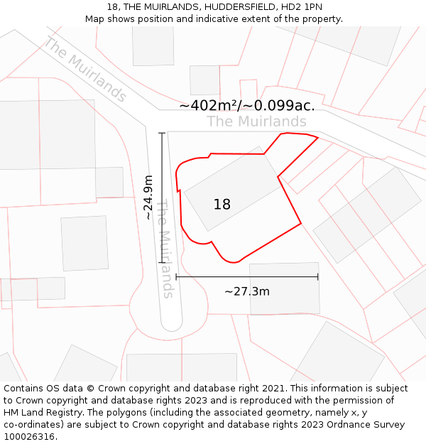 18, THE MUIRLANDS, HUDDERSFIELD, HD2 1PN: Plot and title map