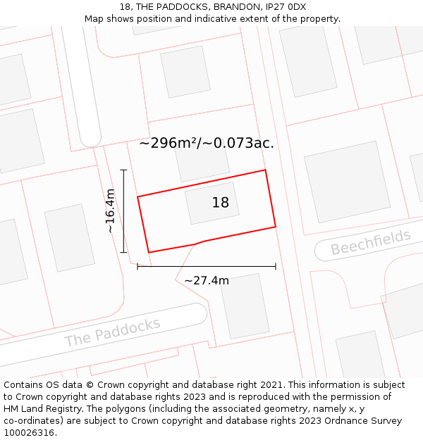 18, THE PADDOCKS, BRANDON, IP27 0DX: Plot and title map