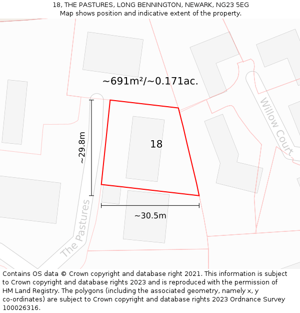 18, THE PASTURES, LONG BENNINGTON, NEWARK, NG23 5EG: Plot and title map