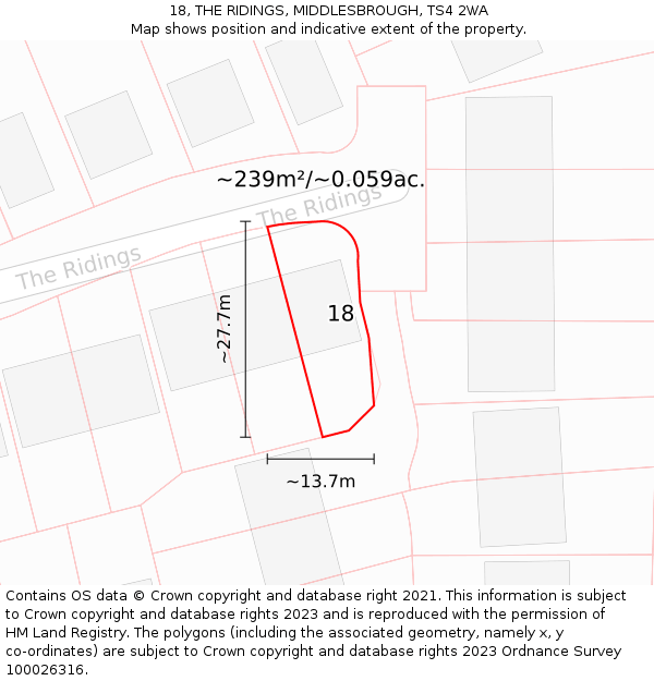 18, THE RIDINGS, MIDDLESBROUGH, TS4 2WA: Plot and title map