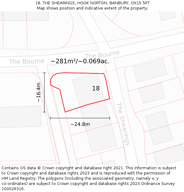 18, THE SHEARINGS, HOOK NORTON, BANBURY, OX15 5PT: Plot and title map