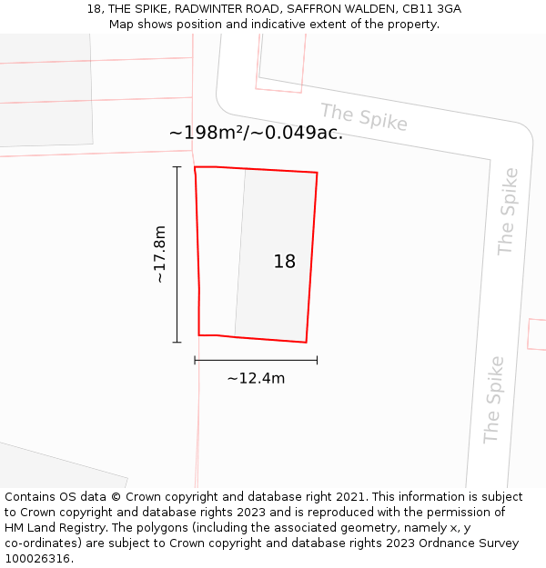 18, THE SPIKE, RADWINTER ROAD, SAFFRON WALDEN, CB11 3GA: Plot and title map