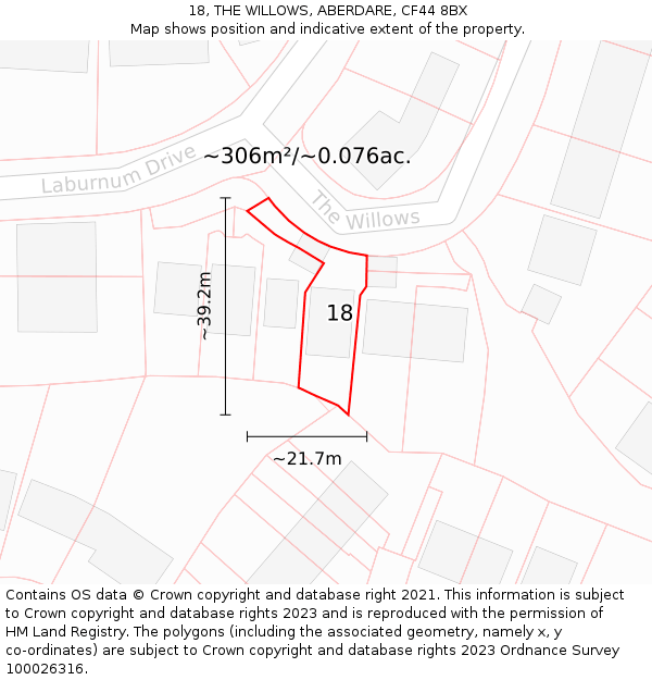 18, THE WILLOWS, ABERDARE, CF44 8BX: Plot and title map