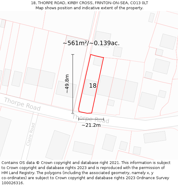 18, THORPE ROAD, KIRBY CROSS, FRINTON-ON-SEA, CO13 0LT: Plot and title map