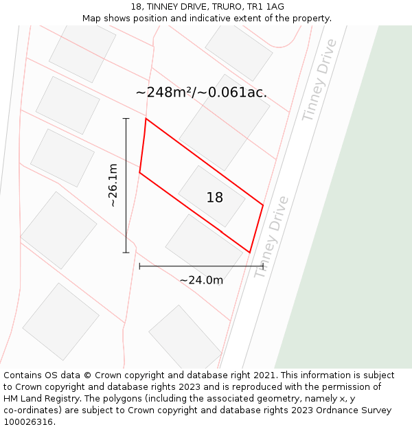 18, TINNEY DRIVE, TRURO, TR1 1AG: Plot and title map