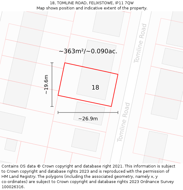 18, TOMLINE ROAD, FELIXSTOWE, IP11 7QW: Plot and title map