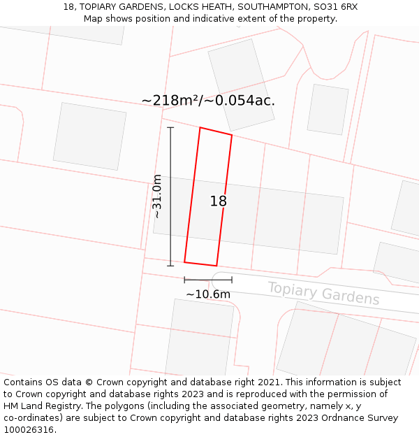 18, TOPIARY GARDENS, LOCKS HEATH, SOUTHAMPTON, SO31 6RX: Plot and title map