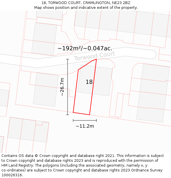 18, TORWOOD COURT, CRAMLINGTON, NE23 2BZ: Plot and title map