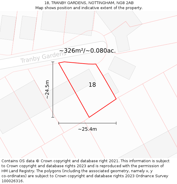 18, TRANBY GARDENS, NOTTINGHAM, NG8 2AB: Plot and title map