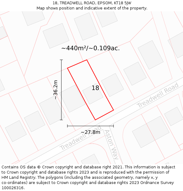 18, TREADWELL ROAD, EPSOM, KT18 5JW: Plot and title map