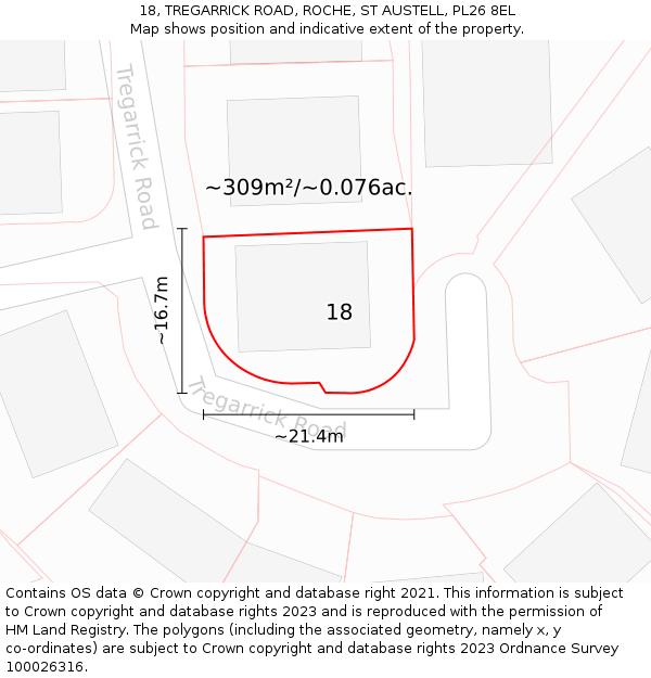 18, TREGARRICK ROAD, ROCHE, ST AUSTELL, PL26 8EL: Plot and title map