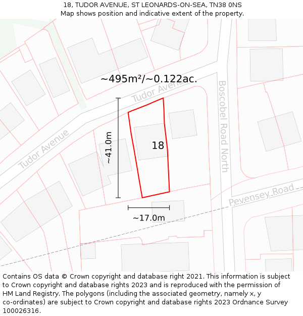 18, TUDOR AVENUE, ST LEONARDS-ON-SEA, TN38 0NS: Plot and title map