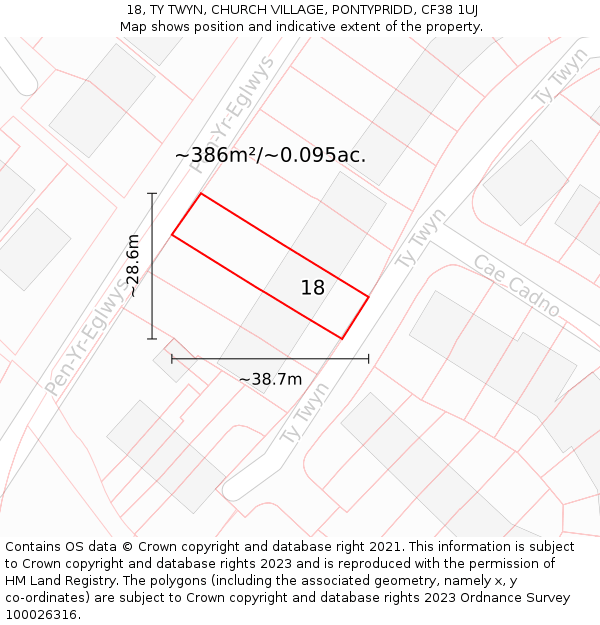 18, TY TWYN, CHURCH VILLAGE, PONTYPRIDD, CF38 1UJ: Plot and title map