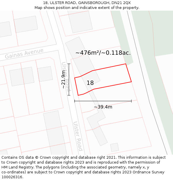 18, ULSTER ROAD, GAINSBOROUGH, DN21 2QX: Plot and title map