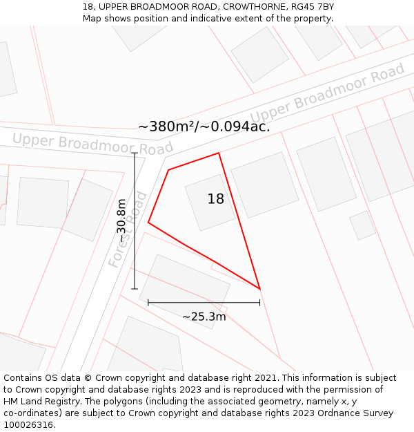 18, UPPER BROADMOOR ROAD, CROWTHORNE, RG45 7BY: Plot and title map