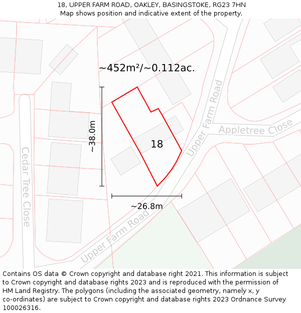 18, UPPER FARM ROAD, OAKLEY, BASINGSTOKE, RG23 7HN: Plot and title map