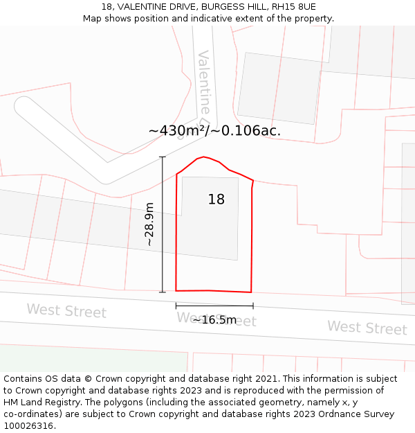 18, VALENTINE DRIVE, BURGESS HILL, RH15 8UE: Plot and title map