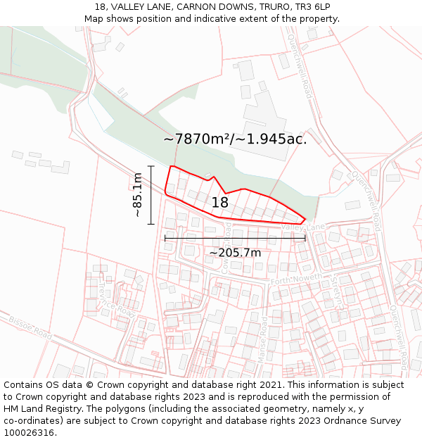 18, VALLEY LANE, CARNON DOWNS, TRURO, TR3 6LP: Plot and title map