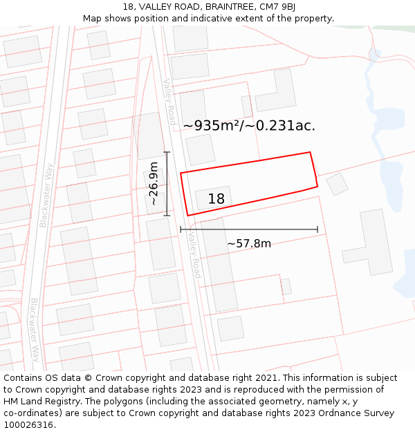 18, VALLEY ROAD, BRAINTREE, CM7 9BJ: Plot and title map
