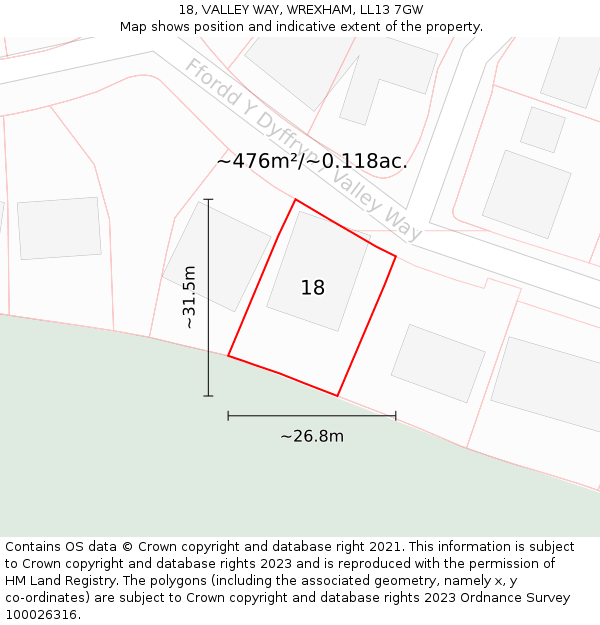 18, VALLEY WAY, WREXHAM, LL13 7GW: Plot and title map