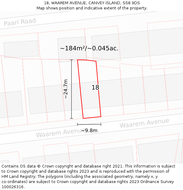 18, WAAREM AVENUE, CANVEY ISLAND, SS8 9DS: Plot and title map