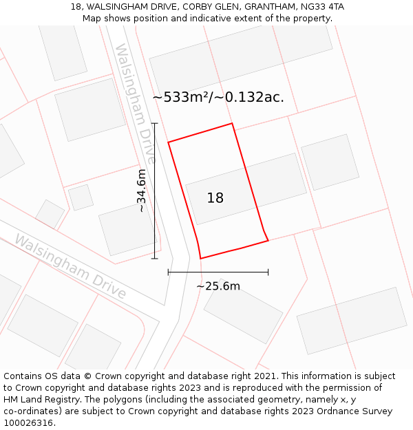 18, WALSINGHAM DRIVE, CORBY GLEN, GRANTHAM, NG33 4TA: Plot and title map