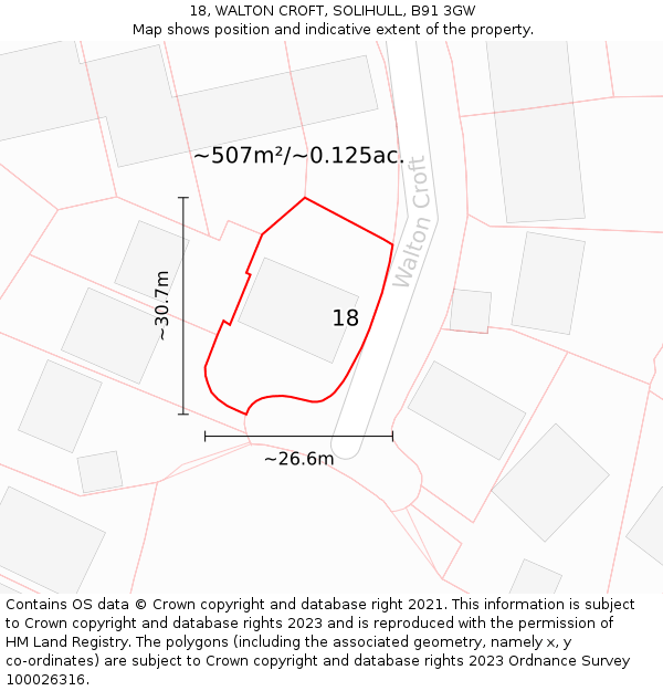 18, WALTON CROFT, SOLIHULL, B91 3GW: Plot and title map