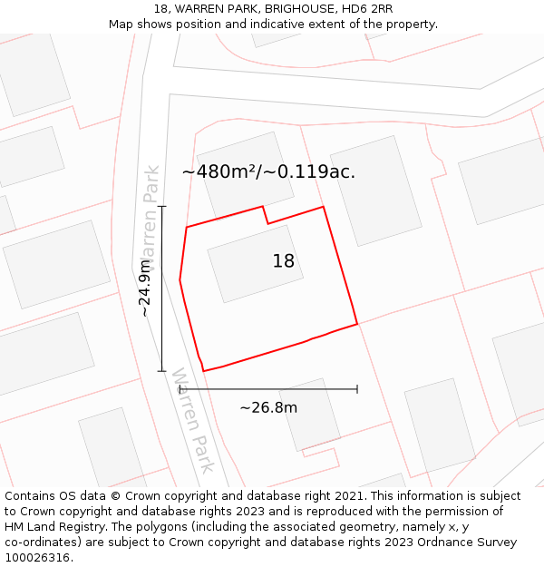 18, WARREN PARK, BRIGHOUSE, HD6 2RR: Plot and title map
