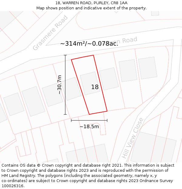 18, WARREN ROAD, PURLEY, CR8 1AA: Plot and title map